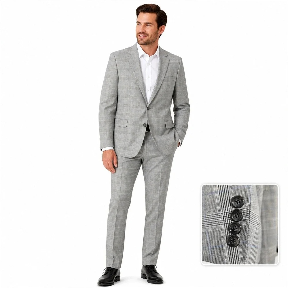 Hickey Freeman Suit Set Mens 46L 36x30 Grey Glen Plaid Wool Business Formal USA